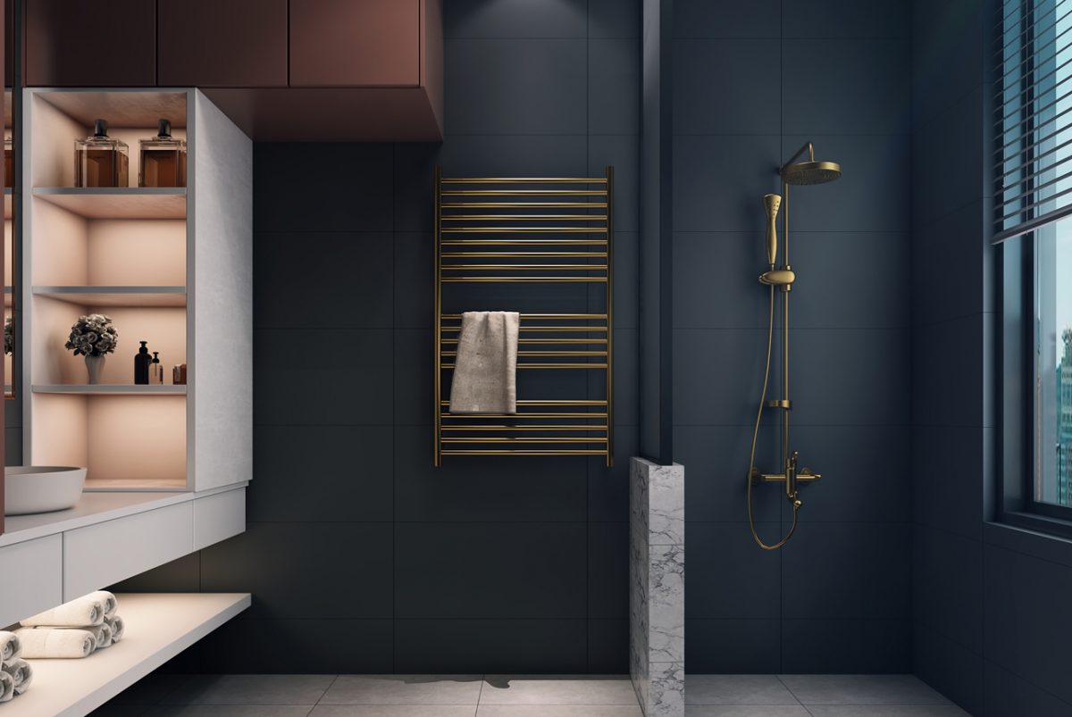 Stylish bathroom showcasing brass fittings.